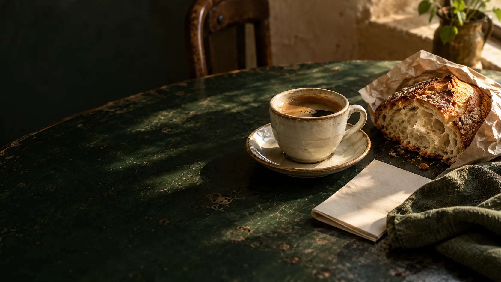 Coffee and freshly baked bread on a forest-green café table in warm morning light
